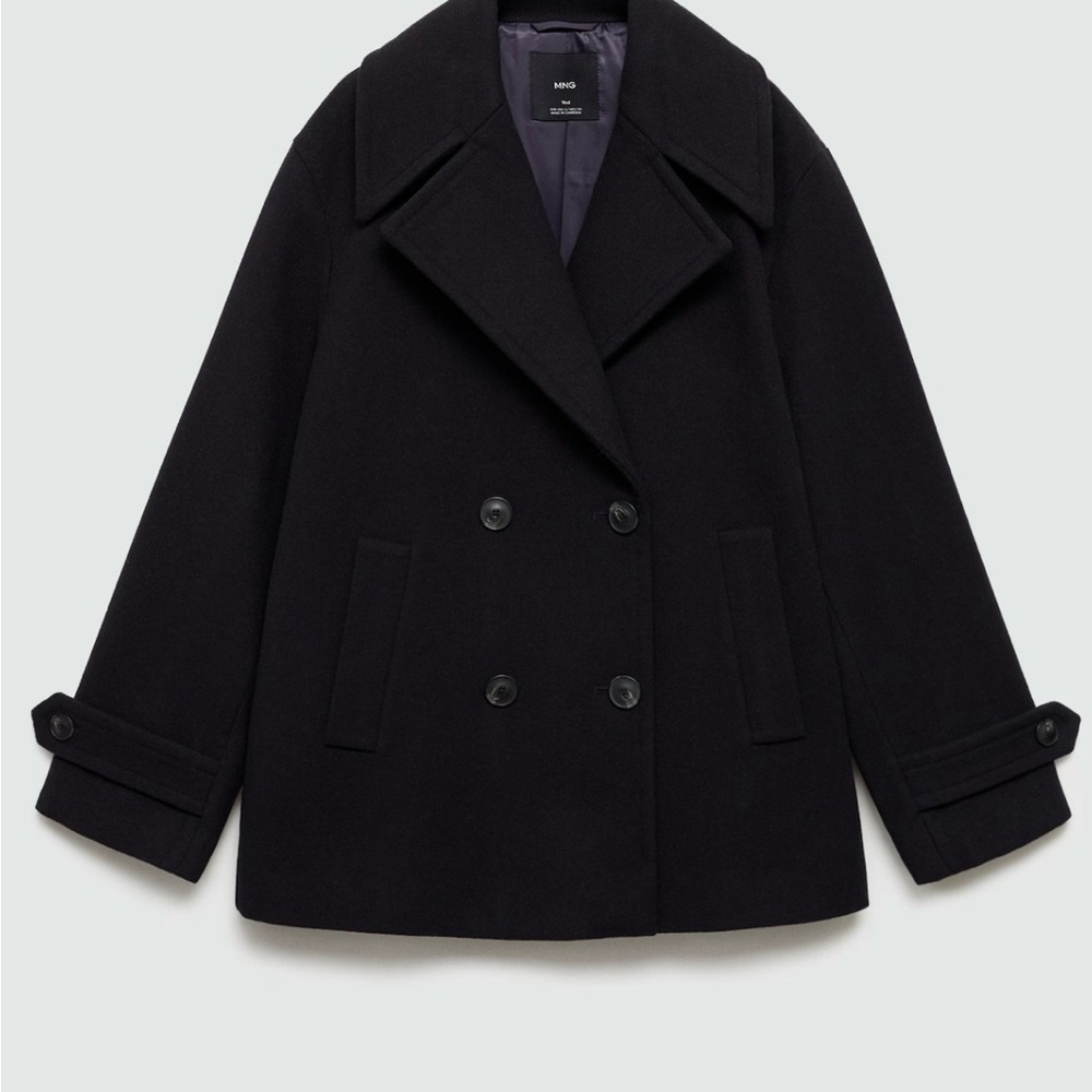 Mango Black Wool Blend Double-Breasted Pea Coat